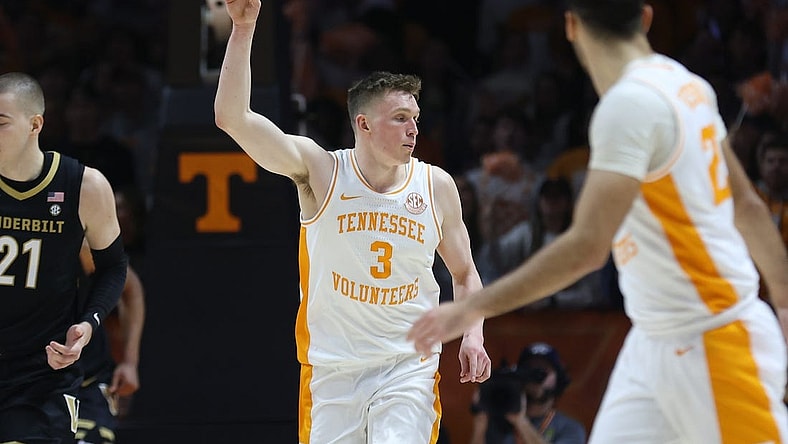 Feb 17, 2024; Knoxville, Tennessee, USA; Tennessee Volunteers guard Dalton Knecht (3) reacts after scoring a three pointer against the Vanderbilt Commodores during the first half at Thompson-Boling Arena at Food City Center. Mandatory Credit: Randy Sartin-USA TODAY Sports