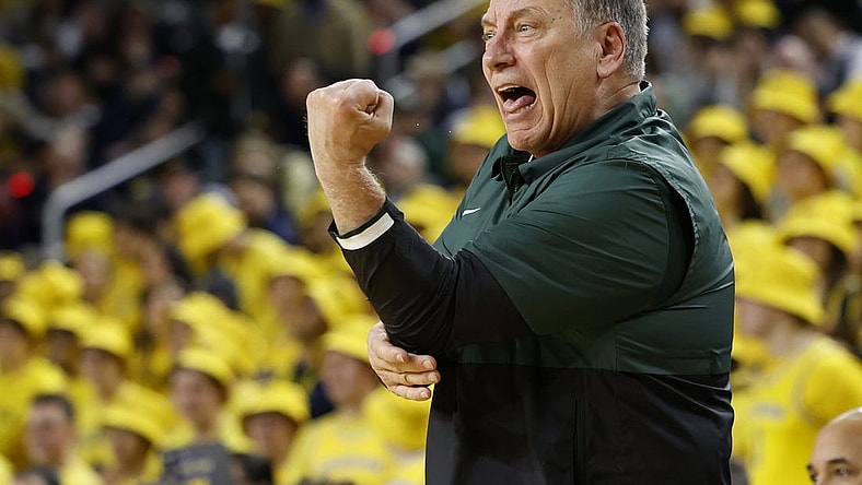 Feb 17, 2024; Ann Arbor, Michigan, USA;  Michigan State Spartans head coach Tom Izzo reacts in the first half against the Michigan Wolverines at Crisler Center. Mandatory Credit: Rick Osentoski-USA TODAY Sports