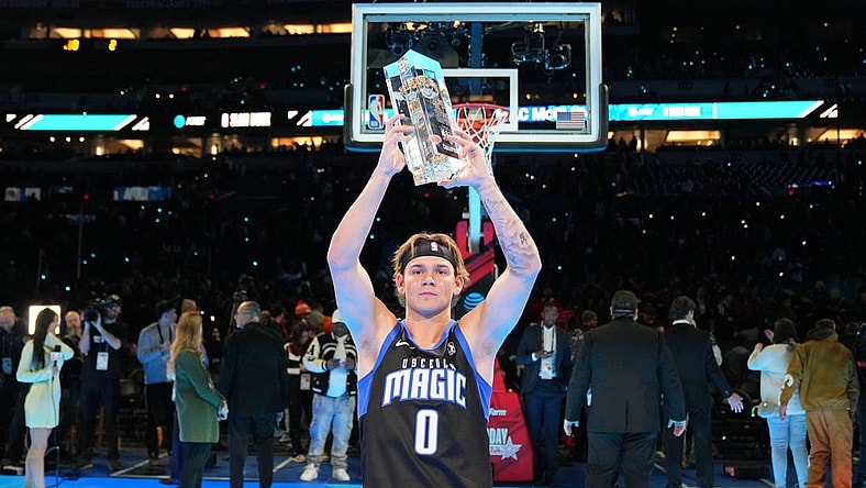 Feb 17, 2024; Indianapolis, IN, USA; Osceola Magic guard Mac McClung (0) after winning the slam dunk competition during NBA All Star Saturday Night at Lucas Oil Stadium. Mandatory Credit: Kyle Terada-USA TODAY Sports
