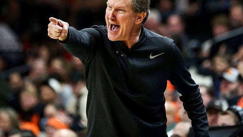 Oregon Ducks head coach Dana Altman calls out to his team during the game against the Oregon State Beavers on Saturday, Feb. 17, 2024 at Gill Coliseum in Corvallis, Ore.