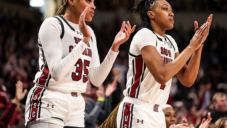 Feb 18, 2024; Columbia, South Carolina, USA; South Carolina Gamecocks center Sakima Walker (35) and forward Ashlyn Watkins (2) cheer from the bench against the Georgia Lady Bulldogs in the second half at Colonial Life Arena. Mandatory Credit: Jeff Blake-USA TODAY Sports