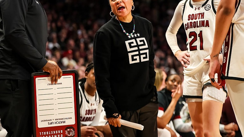 Feb 18, 2024; Columbia, South Carolina, USA; South Carolina Gamecocks head coach Dawn Staley directs her team against the Georgia Lady Bulldogs in the second half at Colonial Life Arena. Mandatory Credit: Jeff Blake-USA TODAY Sports