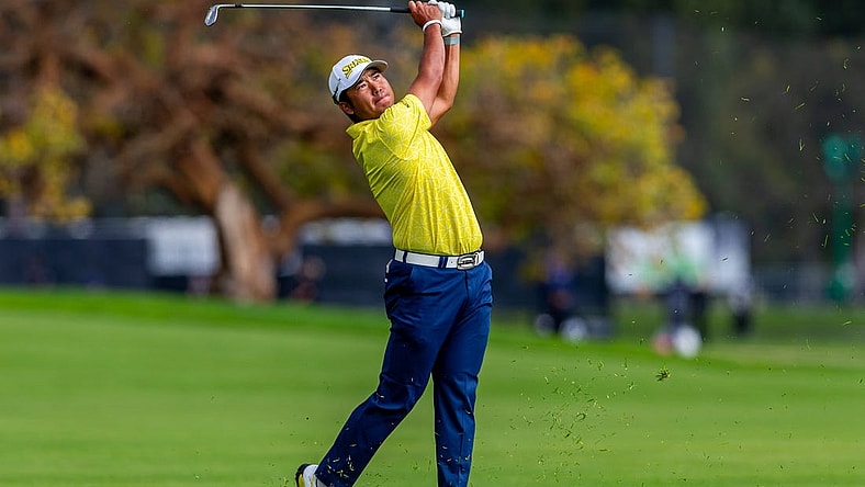Feb 18, 2024; Pacific Palisades, California, USA; Hideki Matsuyama plays on the third hole during the final round of The Genesis Invitational golf tournament at Riveria Country Club. Mandatory Credit: Jason Parkhurst-USA TODAY Sports