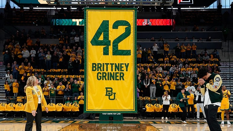 Feb 18, 2024; Waco, Texas, USA;  The Baylor Lady Bears retire jersey #42 Brittney Griner during a ceremony before a game against the Texas Tech Red Raiders at Paul and Alejandra Foster Pavilion. Mandatory Credit: Chris Jones-USA TODAY Sports