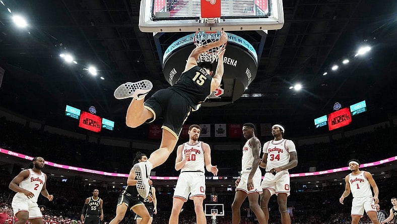 Feb 18, 2024; Columbus, Ohio, USA; Purdue Boilermakers center Zach Edey (15) dunks during the first half of the NCAA men   s basketball game against the Ohio State Buckeyes at Value City Arena. Ohio State won 73-69.