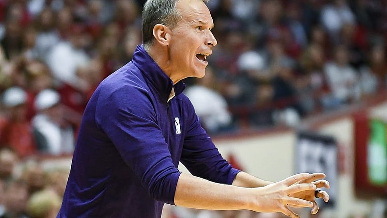 Feb 18, 2024; Bloomington, Indiana, USA;  Northwestern Wildcats head coach Chris Collins instructs his team against the Indiana Hoosiers during the second half at Simon Skjodt Assembly Hall. Mandatory Credit: Robert Goddin-USA TODAY Sports