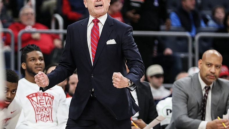 Feb 18, 2024; Elmont, New York, USA;  St. John's Red Storm head coach Rick Pitino yells out instructions in the first half against the Seton Hall Pirates at UBS Arena. Mandatory Credit: Wendell Cruz-USA TODAY Sports