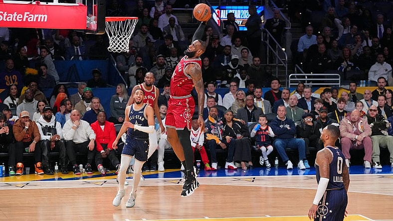 Feb 18, 2024; Indianapolis, Indiana, USA; Western Conference forward LeBron James (23) of the Los Angeles Lakers dunks the ball during the first half of the 73rd NBA All Star game at Gainbridge Fieldhouse. Mandatory Credit: Kyle Terada-USA TODAY Sports