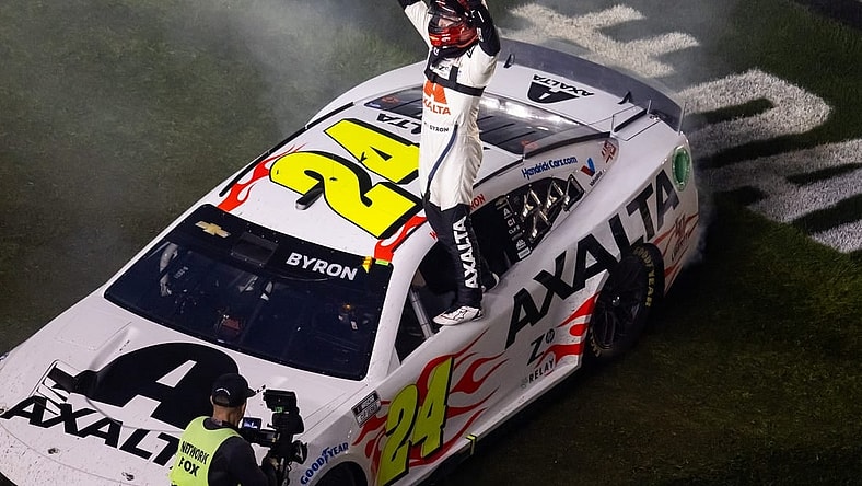 Feb 19, 2024; Daytona Beach, Florida, USA; NASCAR Cup Series driver William Byron (24) celebrates after winning the Daytona 500 at Daytona International Speedway. Mandatory Credit: Mark J. Rebilas-USA TODAY Sports
