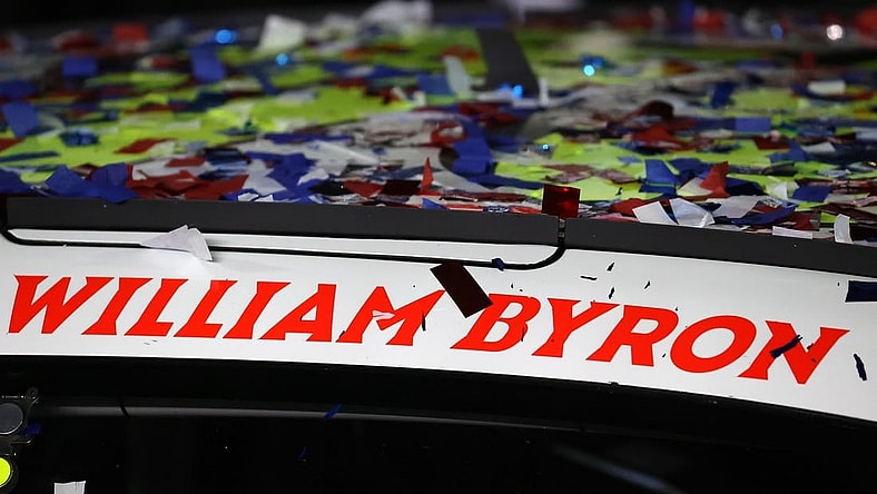 Confetti falls in victory lane after NASCAR Cup Series driver William Byron, who rode to a win in Atlanta last July, claims the Daytona 500 at Daytona International Speedway. Mandatory Credit: Peter Casey-USA TODAY Sports
