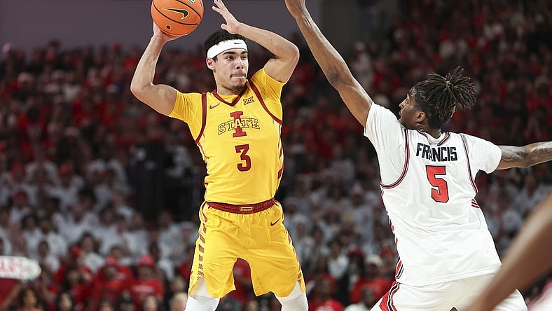 Feb 19, 2024; Houston, Texas, USA; Iowa State Cyclones guard Tamin Lipsey (3) looks to pass the ball as Houston Cougars forward Ja'Vier Francis (5) defends during the first half at Fertitta Center. Mandatory Credit: Troy Taormina-USA TODAY Sports