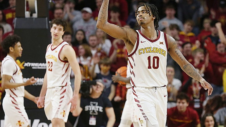 Iowa State Cyclones guard Keshon Gilbert (10) celebrates after winning 82-74 over Texas Tech during the second half in the Big-12 conference showdown of a NCAA college basketball at Hilton Coliseum on Feb. 17, 2024, in Ames, Iowa.
