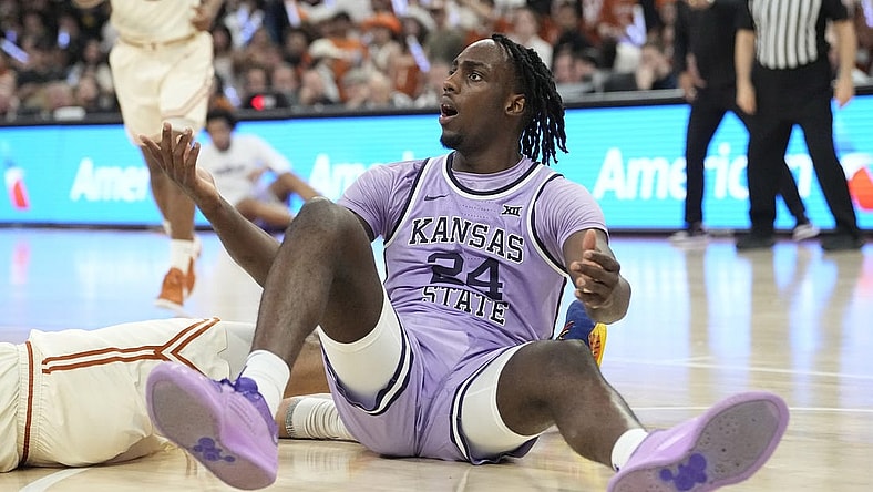 Feb 19, 2024; Austin, Texas, USA; Kansas State Wildcats forward Arthur Kaluma (24) reacts to a call during the second half against the Texas Longhorns at Moody Center. Mandatory Credit: Scott Wachter-USA TODAY Sports