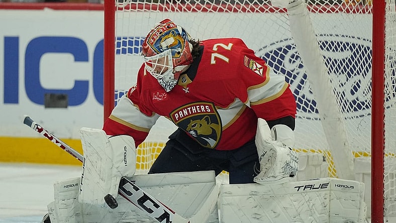 Feb 20, 2024; Sunrise, Florida, USA; Florida Panthers goaltender Sergei Bobrovsky (72) makes a save against the Ottawa Senators during the first period at Amerant Bank Arena. Mandatory Credit: Jim Rassol-USA TODAY Sports
