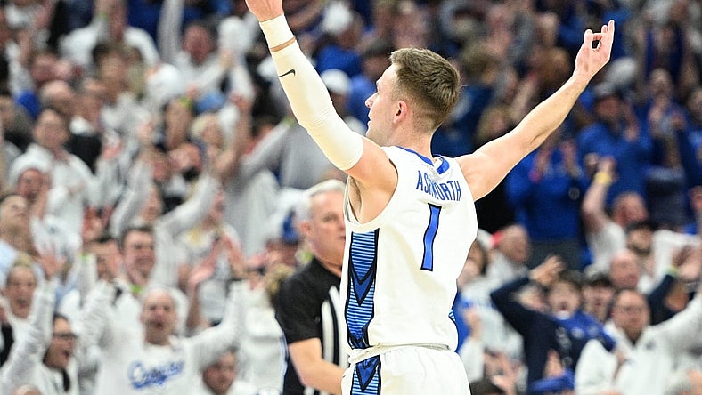Feb 20, 2024; Omaha, Nebraska, USA; Creighton Bluejays guard Steven Ashworth (1) reacts after making a three point basket against the Connecticut Huskies in the first half at CHI Health Center Omaha. Mandatory Credit: Steven Branscombe-USA TODAY Sports