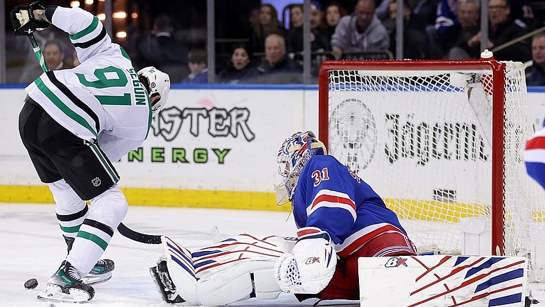 Feb 20, 2024; New York, New York, USA; New York Rangers goaltender Igor Shesterkin (31) makes a save against Dallas Stars center Tyler Seguin (91) during the third period at Madison Square Garden. Mandatory Credit: Brad Penner-USA TODAY Sports
