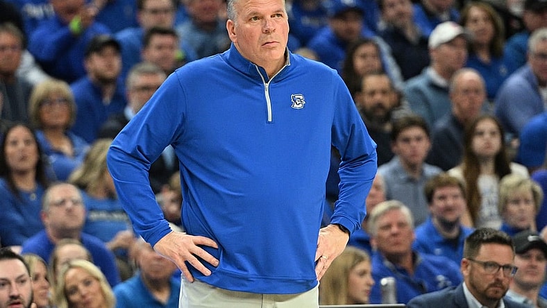 Feb 20, 2024; Omaha, Nebraska, USA; Creighton Bluejays head coach Greg McDermott watches action against the Connecticut Huskies in the first half at CHI Health Center Omaha. Mandatory Credit: Steven Branscombe-USA TODAY Sports