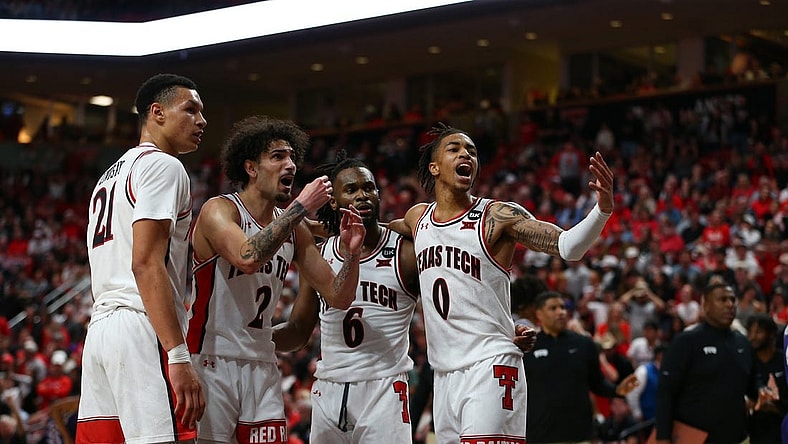 Feb 20, 2024; Lubbock, Texas, USA; Texas Tech Red Raiders forward KeyRon Lindsay (21), guard Pop Isaacs (2), guard Joe Toussaint (6) and guard Chance McMillian (0) in the second half during the game against the TCU Horned Frogs at United Supermarkets Arena. Mandatory Credit: Michael C. Johnson-USA TODAY Sports