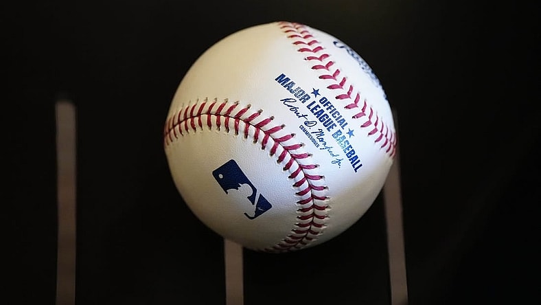 A baseball waiting to be used as a prop during Photo Day for the Diamondbacks at Salt River Fields at Talking Stick near Scottsdale on Feb. 21, 2024.