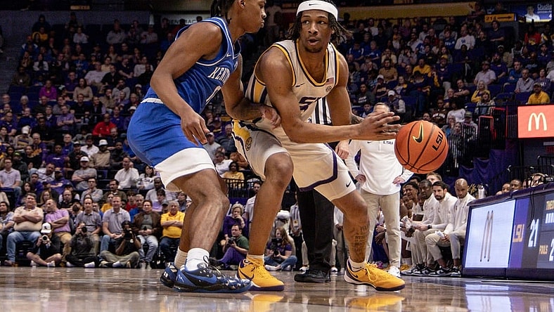 Feb 21, 2024; Baton Rouge, Louisiana, USA; LSU Tigers guard Mike Williams III (2) dribbles against the Kentucky Wildcats  during the first half of the game at Pete Maravich Assembly Center. Mandatory Credit: Stephen Lew-USA TODAY Sports