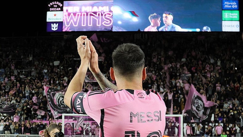 Feb 21, 2024; Fort Lauderdale, Florida, USA; Inter Miami CF forward Lionel Messi (10) reacts after the game against Real Salt Lake at Chase Stadium. Mandatory Credit: Sam Navarro-USA TODAY Sports