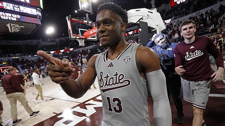 Feb 21, 2024; Starkville, Mississippi, USA; Mississippi State Bulldogs guard Josh Hubbard (13) reacts toward fans after defeating the Mississippi Rebels at Humphrey Coliseum. Mandatory Credit: Petre Thomas-USA TODAY Sports