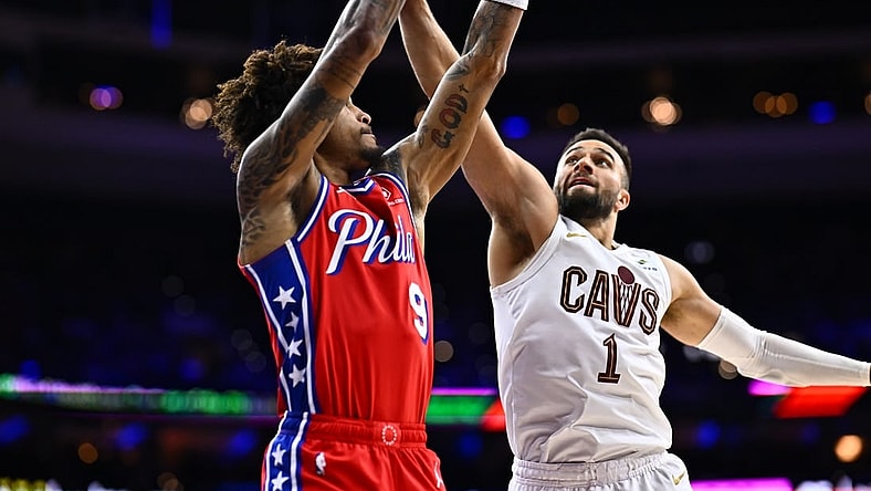 Feb 23, 2024; Philadelphia, Pennsylvania, USA; Philadelphia 76ers guard Kelly Oubre Jr (9) shoots against Cleveland Cavaliers guard Max Strus (1) in the fourth quarter at Wells Fargo Center. Mandatory Credit: Kyle Ross-USA TODAY Sports