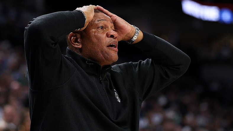 Feb 23, 2024; Minneapolis, Minnesota, USA; Milwaukee Bucks head coach Doc Rivers reacts during the first half against the Minnesota Timberwolves at Target Center. Mandatory Credit: Matt Krohn-USA TODAY Sports