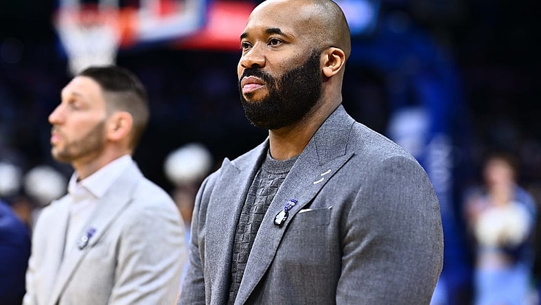 Feb 4, 2024; Philadelphia, Pennsylvania, USA; Villanova Wildcats head coach Kyle Neptune looks on before the game against the Providence Friars at Wells Fargo Center. Mandatory Credit: Kyle Ross-USA TODAY Sports