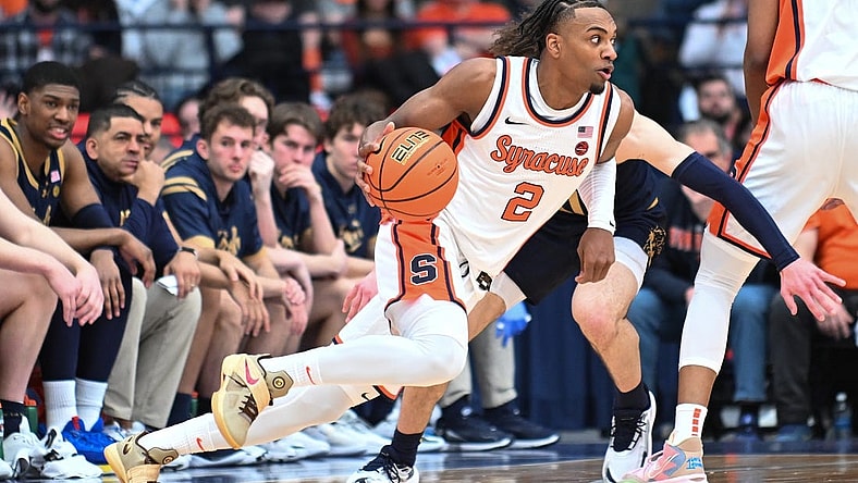 Feb 24, 2024; Syracuse, New York, USA; Syracuse Orange guard JJ Starling (2) drives the ball to the basket against the Notre Dame Fighting Irish in the first half at the JMA Wireless Dome. Mandatory Credit: Mark Konezny-USA TODAY Sports