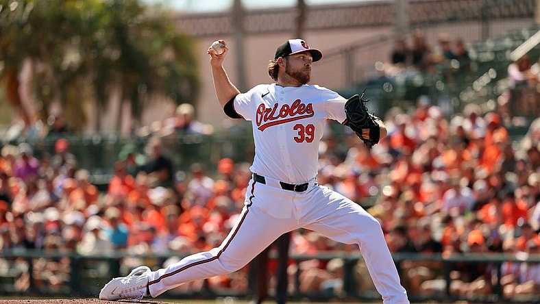 Feb 24, 2024; Sarasota, Florida, USA; Baltimore Orioles starting pitcher Corbin Burnes (39) throws a pitch during the first inning against the Boston Red Sox  at Ed Smith Stadium. Mandatory Credit: Kim Klement Neitzel-USA TODAY Sports