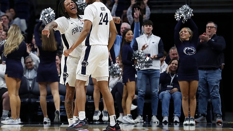 Feb 24, 2024; University Park, Pennsylvania, USA; Penn State Nittany Lions forward Zach Hicks (24) celebrates with guard Ace Baldwin Jr (1) after making a three point shot during the second half against the Indiana Hoosiers at Bryce Jordan Center. Penn State defeated Indiana 83-74. Mandatory Credit: Matthew O'Haren-USA TODAY Sports