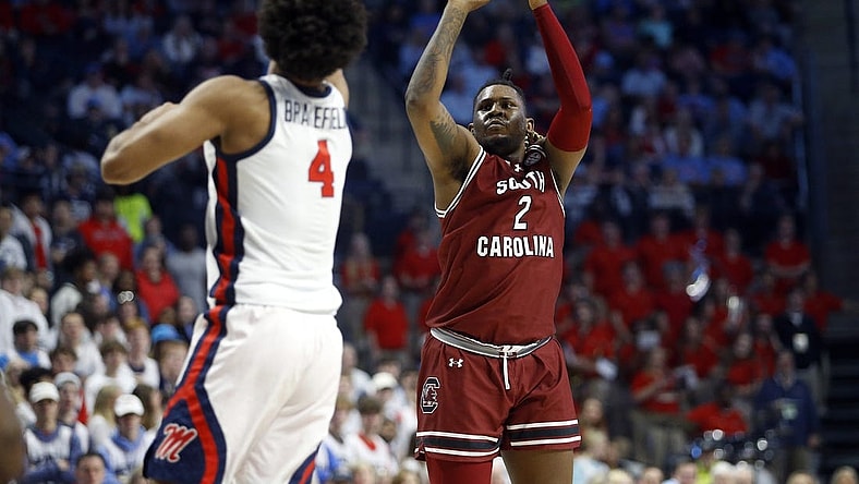 Feb 24, 2024; Oxford, Mississippi, USA; South Carolina Gamecocks forward B.J. Mack (2) attempts a three point shot during the first half against the Mississippi Rebels at The Sandy and John Black Pavilion at Ole Miss. Mandatory Credit: Petre Thomas-USA TODAY Sports