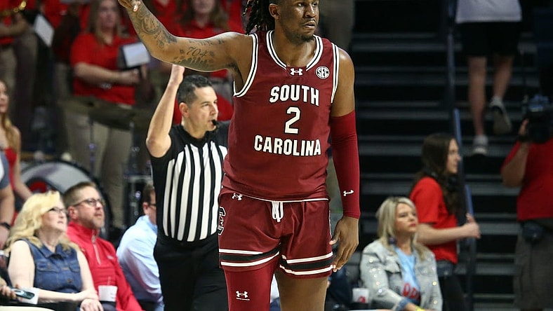 Feb 24, 2024; Oxford, Mississippi, USA; South Carolina Gamecocks forward B.J. Mack (2) reacts after a three-point basket during the second half against the Mississippi Rebels at The Sandy and John Black Pavilion at Ole Miss. Mandatory Credit: Petre Thomas-USA TODAY Sports