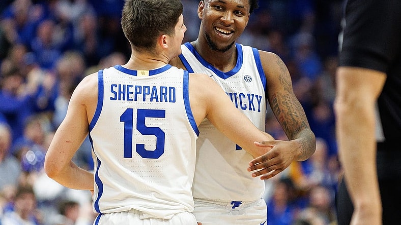Feb 24, 2024; Lexington, Kentucky, USA; Kentucky Wildcats guard Reed Sheppard (15) celebrates with guard Justin Edwards (1) during the second half against the Alabama Crimson Tide at Rupp Arena at Central Bank Center. Mandatory Credit: Jordan Prather-USA TODAY Sports