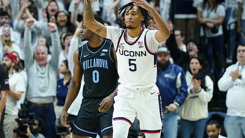 Feb 24, 2024; Storrs, Connecticut, USA; UConn Huskies guard Stephon Castle (5) reacts after his basket against the Villanova Wildcats in the first half at Harry A. Gampel Pavilion. Mandatory Credit: David Butler II-USA TODAY Sports