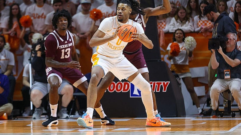 Feb 24, 2024; Knoxville, Tennessee, USA; Tennessee Volunteers forward Jonas Aidoo (0) looks to moves the ball against the Texas A&M Aggies during the first half at Thompson-Boling Arena at Food City Center. Mandatory Credit: Randy Sartin-USA TODAY Sports