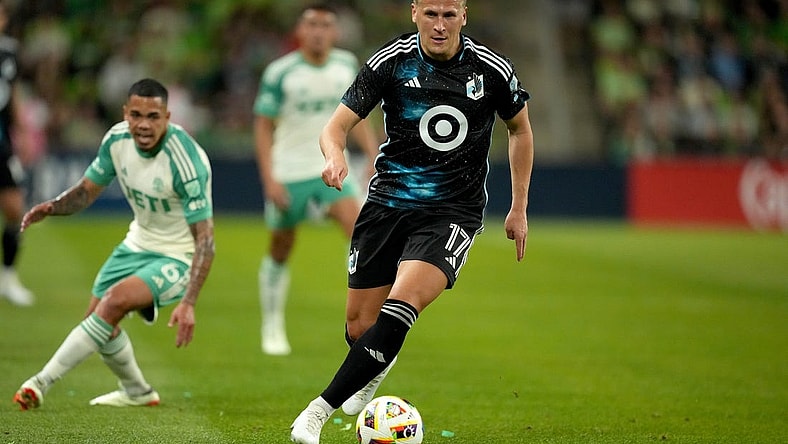 Feb 24, 2024; Austin, Texas, USA; Minnesota United midfielder Robin Lod (17) dribbles during the first half against Austin FC at Q2 Stadium. Mandatory Credit: Kirby Lee-USA TODAY Sports