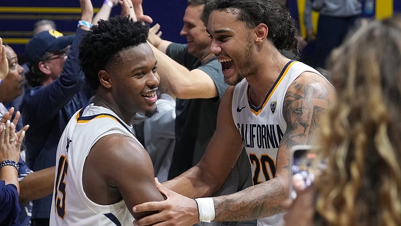 Feb 24, 2024; Berkeley, California, USA; California Golden Bears guard Jalen Cone (15) and guard Jaylon Tyson (20) celebrate after defeating the Oregon Ducks at Haas Pavilion. Mandatory Credit: Darren Yamashita-USA TODAY Sports