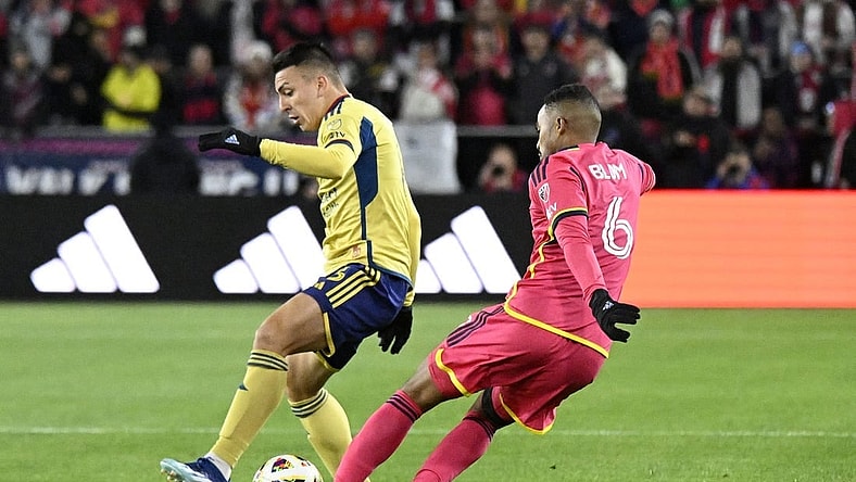Feb 24, 2024; St. Louis, Missouri, USA; Seattle Sounders FC midfielder Joao Paulo (6) kicks the ball away from Real Salt Lake during the first half at CITYPARK. Mandatory Credit: Scott Rovak-USA TODAY Sports