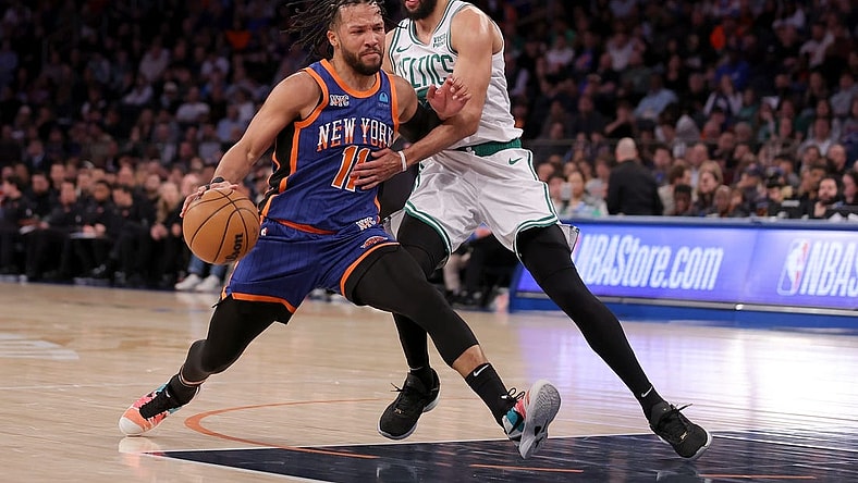 Feb 24, 2024; New York, New York, USA; New York Knicks guard Jalen Brunson (11) drives to the basket against Boston Celtics guard Derrick White (9) during the third quarter at Madison Square Garden. Mandatory Credit: Brad Penner-USA TODAY Sports
