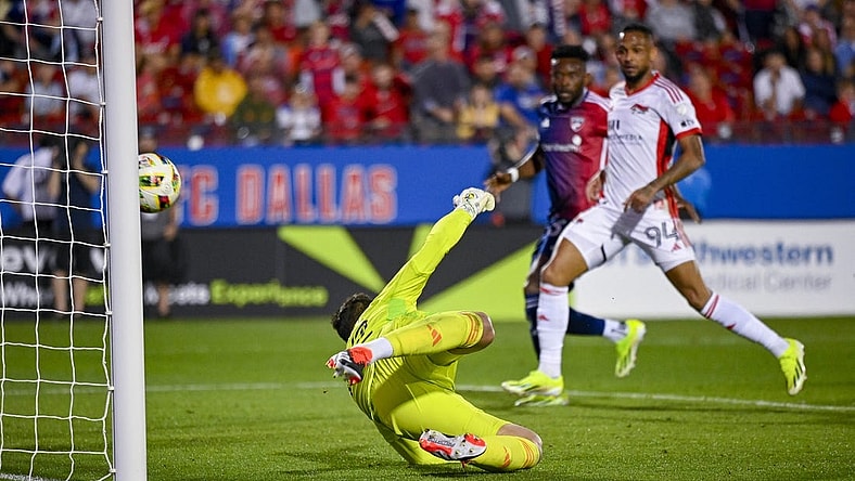 Feb 24, 2024; Frisco, Texas, USA; San Jose Earthquakes goalkeeper Daniel (42) gives up the game winning goal to FC Dallas forward Dante Sealy (not pictured) during the second half at Toyota Stadium. Mandatory Credit: Jerome Miron-USA TODAY Sports
