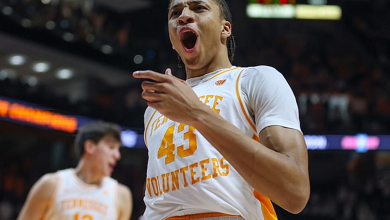Feb 24, 2024; Knoxville, Tennessee, USA; Tennessee Volunteers guard Cameron Carr (43) reacts after dunking the ball against the Texas A&M Aggies during the second half at Thompson-Boling Arena at Food City Center. Mandatory Credit: Randy Sartin-USA TODAY Sports