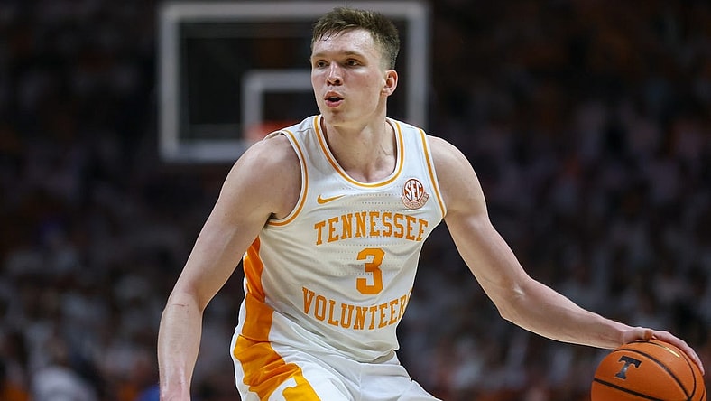 Feb 24, 2024; Knoxville, Tennessee, USA; Tennessee Volunteers guard Dalton Knecht (3) brings the ball up court against the Texas A&M Aggies during the second half at Thompson-Boling Arena at Food City Center. Mandatory Credit: Randy Sartin-USA TODAY Sports