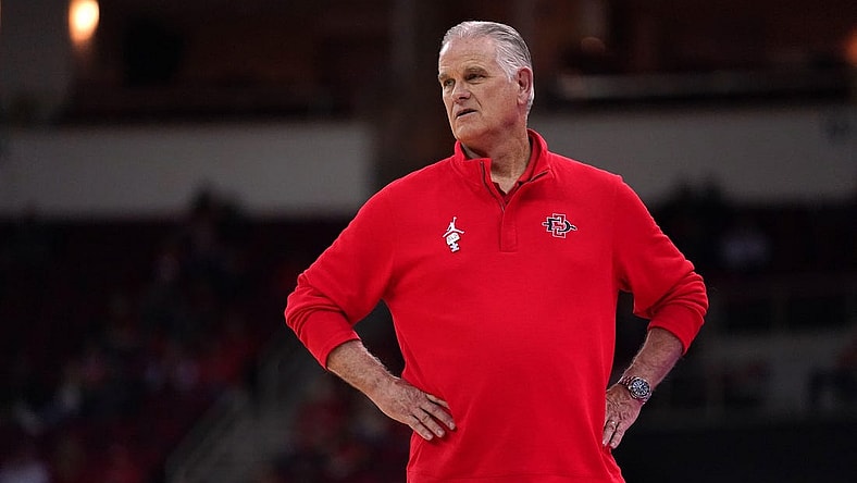 Feb 24, 2024; Fresno, California, USA; San Diego State Aztecs head coach Brian Dutcher watches action against the Fresno State Bulldogs in the second half at the Save Mart Center. Mandatory Credit: Cary Edmondson-USA TODAY Sports