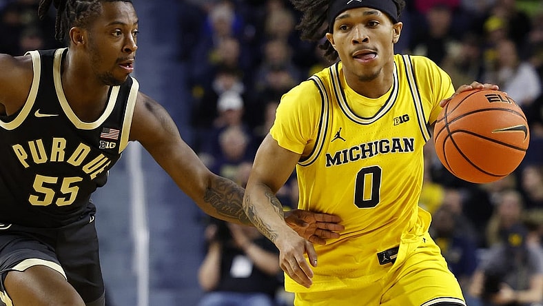 Feb 25, 2024; Ann Arbor, Michigan, USA;  Michigan Wolverines guard Dug McDaniel (0) dribbles against Purdue Boilermakers guard Lance Jones (55) in the first half at Crisler Center. Mandatory Credit: Rick Osentoski-USA TODAY Sports