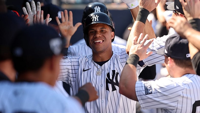 Feb 25, 2024; Tampa, Florida, USA; New York Yankees left fielder Juan Soto (22) celebrates in the dugout after he scores during the third inning against the Toronto Blue Jays at George M. Steinbrenner Field. Mandatory Credit: Kim Klement Neitzel-USA TODAY Sports