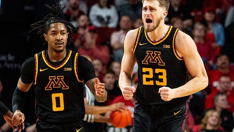 Feb 25, 2024; Lincoln, Nebraska, USA; Minnesota Golden Gophers forward Parker Fox (23) celebrates after dunking the ball against the Nebraska Cornhuskers during the first half at Pinnacle Bank Arena. Mandatory Credit: Dylan Widger-USA TODAY Sports