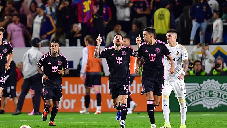 Feb 25, 2024; Carson, California, USA;  Inter Miami CF forward Lionel Messi (10) celebrates his goal scored against the LA Galaxy during the second half at Dignity Health Sports Park. Mandatory Credit: Gary A. Vasquez-USA TODAY Sports