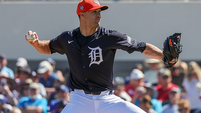 Feb 26, 2024; Lakeland, Florida, USA; Detroit Tigers starting pitcher Jack Flaherty (45) pitches during the first inning against the Houston Astros at Publix Field at Joker Marchant Stadium. Mandatory Credit: Mike Watters-USA TODAY Sports